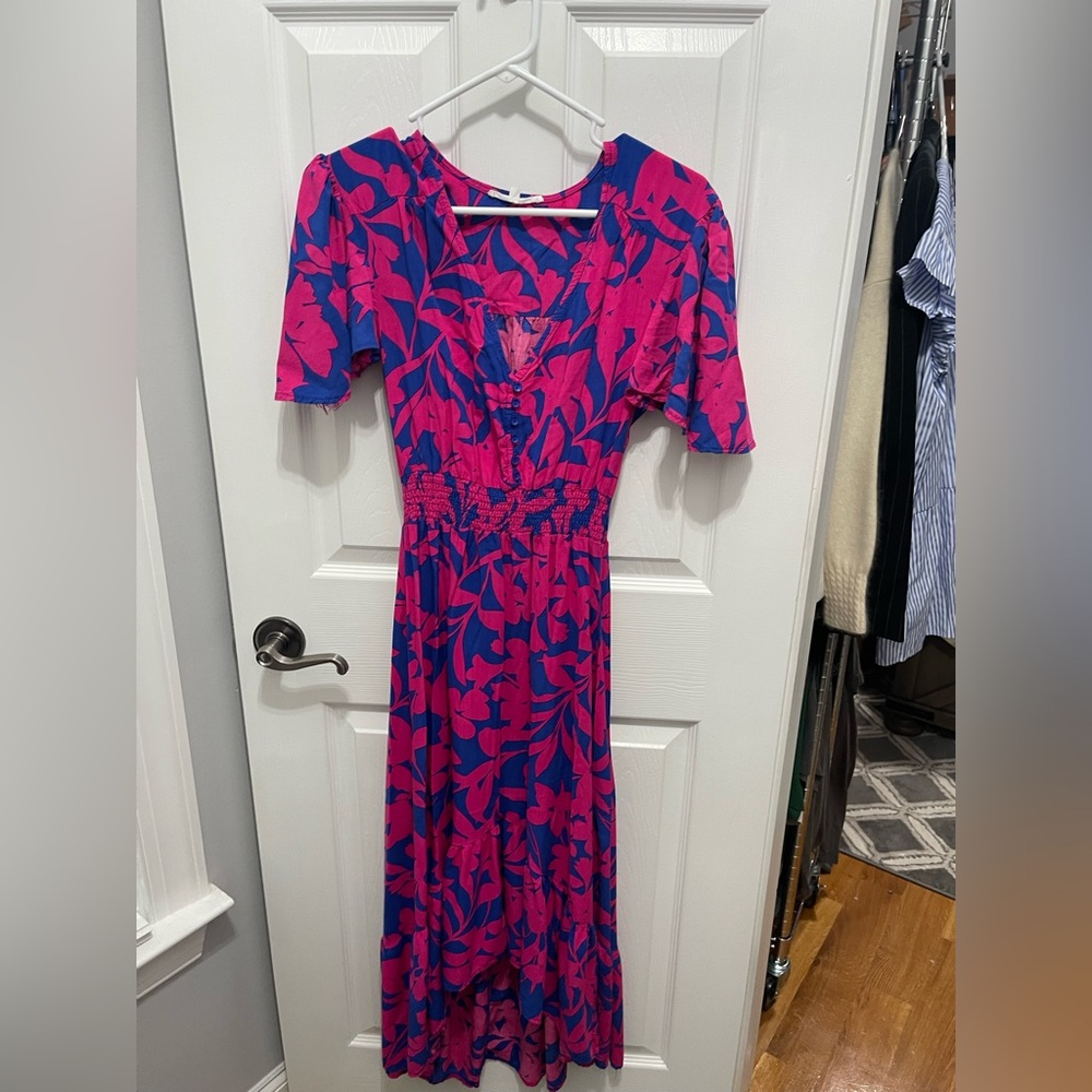 Pink and Blue Midi Sundress with Flutter Sleeves for Cocktail Events